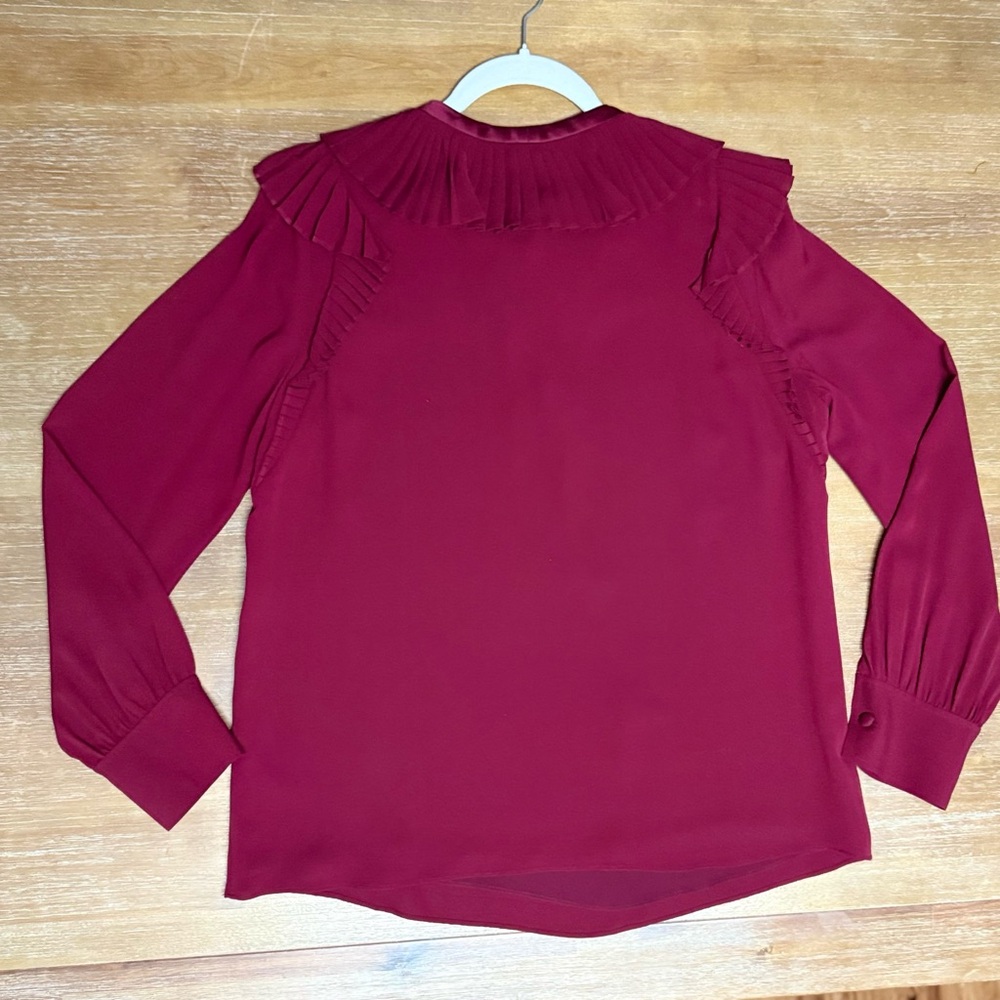 Tory Burch Diana Silk Blouse Ruffled Neck Lined Imperial Garnet Sz 10 - Picture 2 of 9